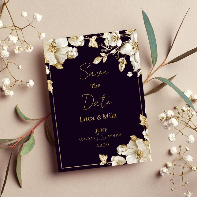 Lyxig mörklila vit guldblommig Save the Date Inbjudningar (Luxury dark purple white gold floral Save the Date )