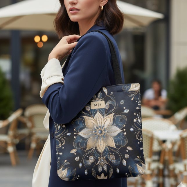 Lyxig Navy Guld Blommig Tygkasse (luxury navy gold floral tote bag with monogram, elegant personalized gift for her)