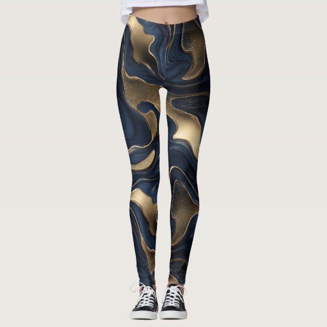 Lyxig Navy Guld Flytande Rörelse Abstrakt Mönster Leggings (Framsida)