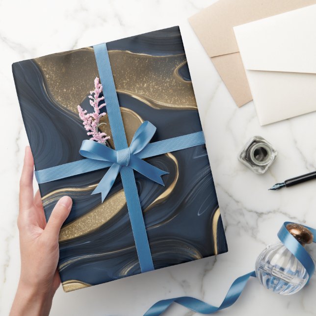 Lyxig Navy Guld Flytande Rörelse Abstrakt Mönster Presentpapper (Gifting)