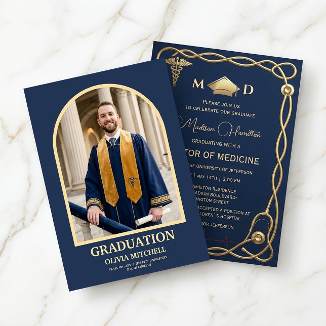 Lyxig Navy & Guld Medicinsk Examen Inbjudan (#GraduationInvitation #MedicalGraduation #DoctorOfMedicine #NavyAndGoldDesign
#LuxuryInvitation )