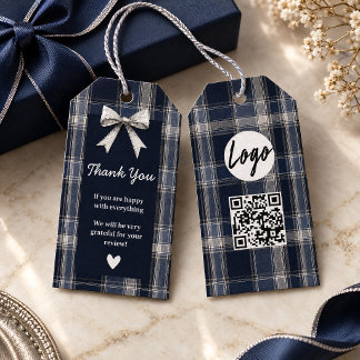 Lyxig Navy & Silver Tartan anpassad logotyp tack Presentetikett