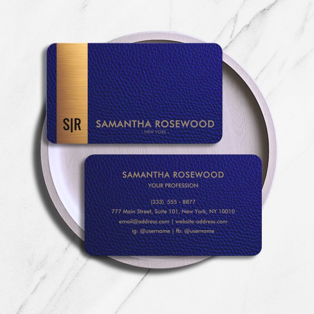 Lyxig Navyblå Läder & Guld Panel Monogram  Visitkort (Skapare uppladdad)