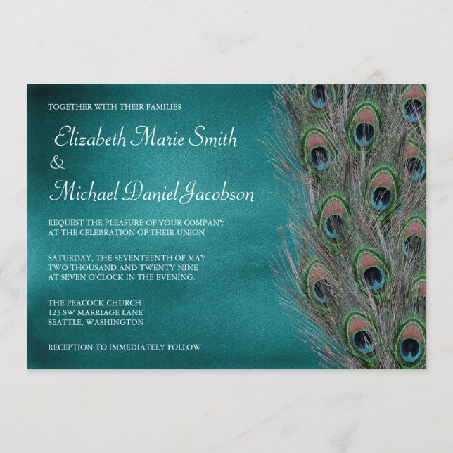 Lyxig Påfågelsfjädrar Bröllopsinbjudan Inbjudningar (Framsida)
