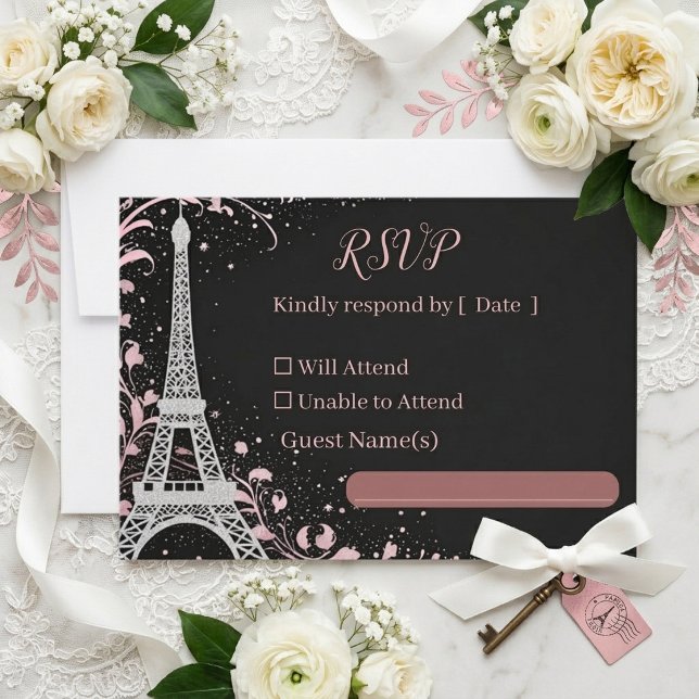 Lyxig Parisisk Rosa Silver Glitter Bröllop OSA Kort (Luxury Parisian Blush Pink Silver Glitter Wedding RSVP Card)