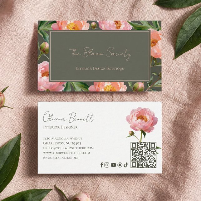 Lyxig Påsklilja Botanisk Blommig Inredningsdesigne Visitkort (Luxury Peony Floral Botanical Interior Designer QR Business Card)