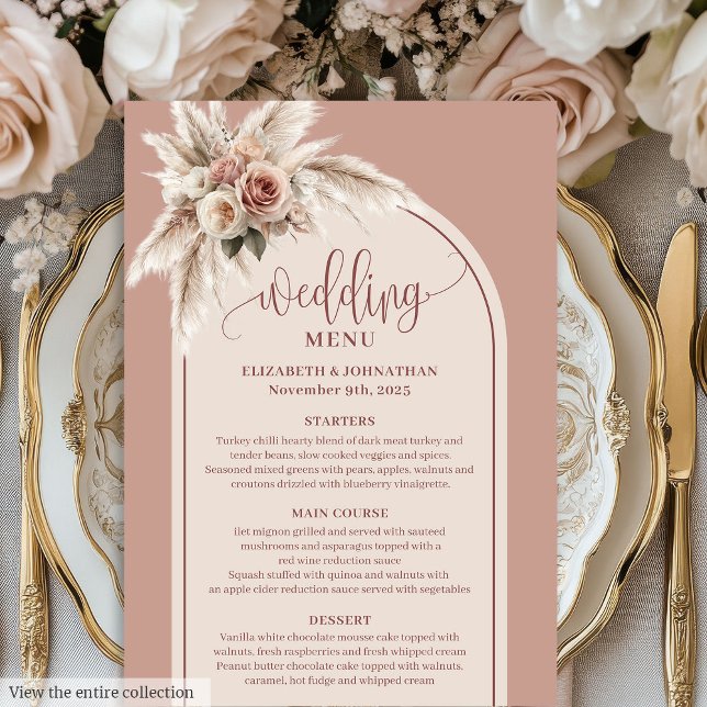 Lyxig pastellrosa Pampas blomsterbröllopsmeny med  Meny (Luxury Arch Pastel Pink Pampas Floral Wedding Menu)