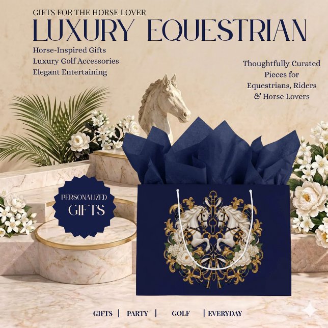 Lyxig presentpåse med hästtryck (Luxury Equestrian White Horses Navy Gold and Ivory)