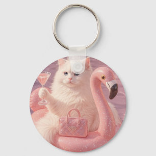 Lyxig Prinsessa Katt på Rosa Flamingo Poolflotte   Nyckelring
