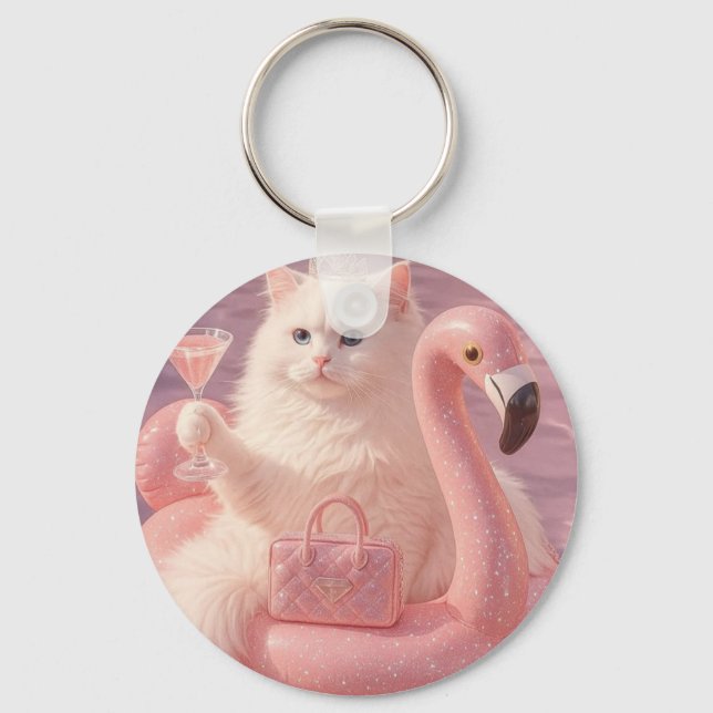 Lyxig Prinsessa Katt på Rosa Flamingo Poolflotte   Nyckelring (Framsida)