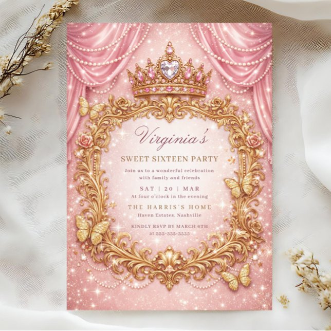 Lyxig Prinsessa Krona Rosa Guld Sweet 16 Födelseda Inbjudningar (Skapare uppladdad)