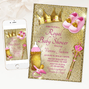 Lyxig prinsessa rosa guld baby shower inbjudningar