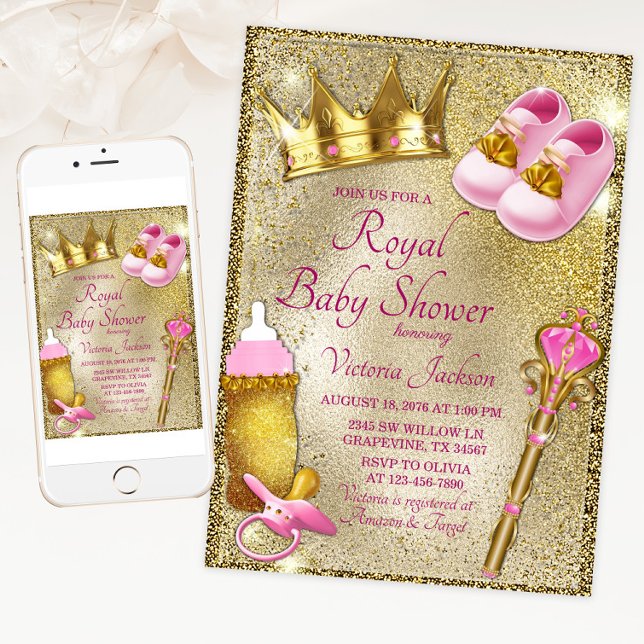 Lyxig prinsessa rosa guld baby shower inbjudningar (Pink gold royal baby shower invitation with cute princess things on a beautiful gold background.)