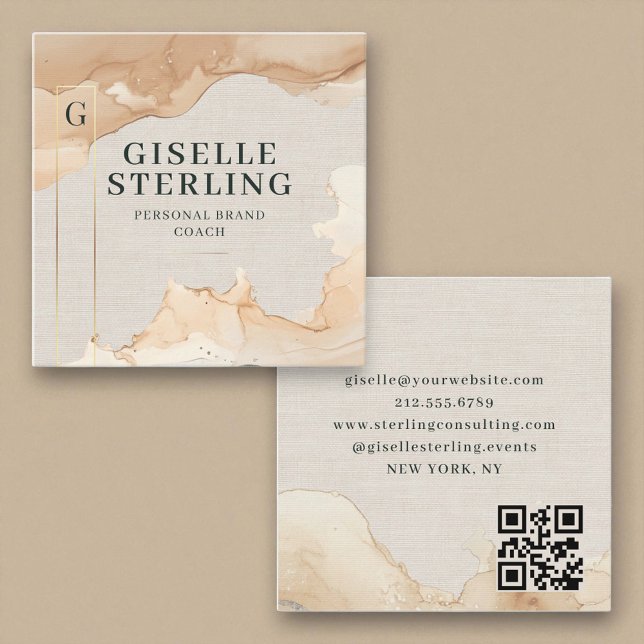 Lyxig QR-kod Linne Vattenfärg Guld Folie Fyrkantigt Visitkort (Skapare uppladdad)