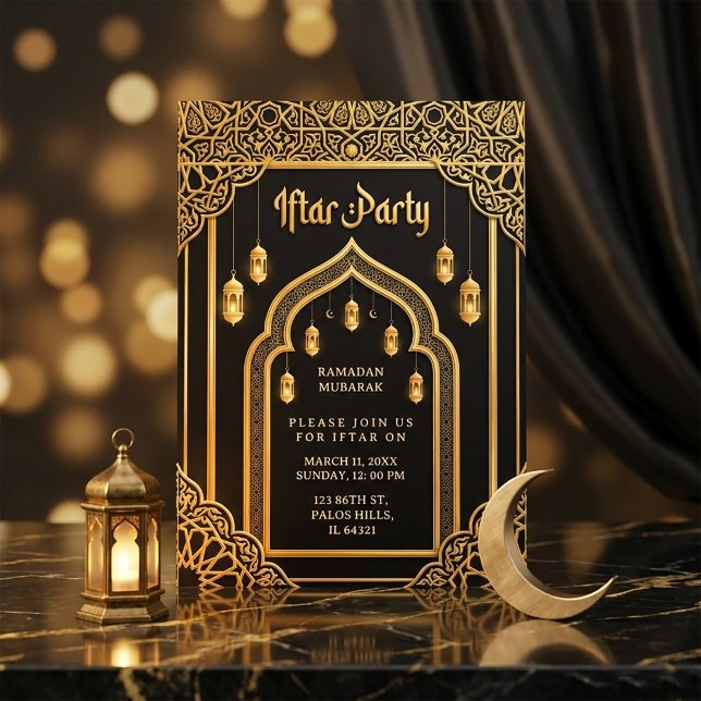 Lyxig Ramadan Iftar i svart guld  Inbjudningar (#RamadanInvitation
#IftarParty
#RamadanIftar
#LuxuryInvitation
#IslamicDesign
#RamadanMubarak
#Gold)