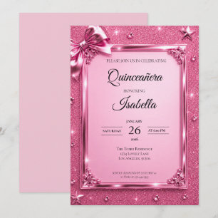 Lyxig Rhinestones Rosa Glitter Quinceañera Inbjudningar
