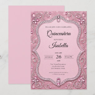 Lyxig Rhinestones Rosa Glitter Quinceañera Inbjudningar
