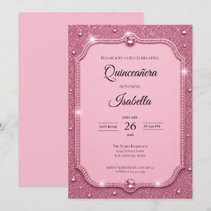 Lyxig Rhinestones Rosa Glitter Quinceañera Inbjudningar
