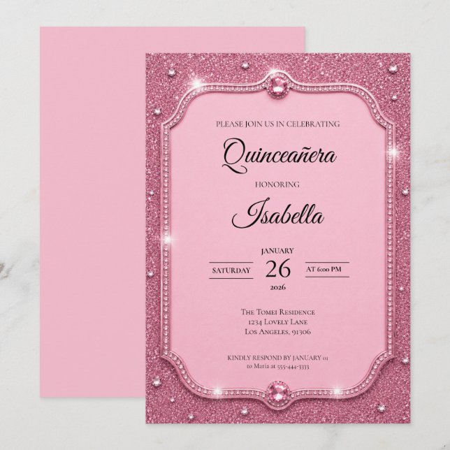 Lyxig Rhinestones Rosa Glitter Quinceañera Inbjudningar (Fram/baksida)