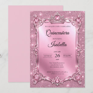 Lyxig Rhinestones Rosa Glitter Quinceañera Inbjudningar