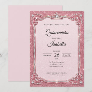Lyxig Rhinestones Rosa Glitter Quinceañera Inbjudningar