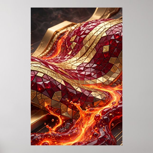 Lyxig röd guldmosaik Våg Väggkonstaffisch Poster (Framsidan)
