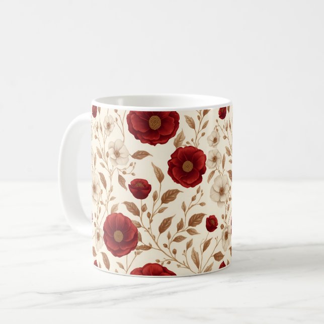 Lyxig röd och vit botanisk blommig mönster  kaffemugg (Framsida vänster)