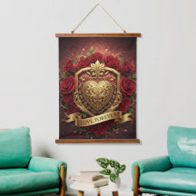 Lyxig röd ros guld hjärta vägg tapestry