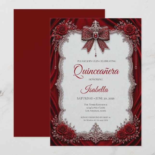 Lyxig Röd Silverbåge Quinceañera Inbjudningar (Fram/baksida)