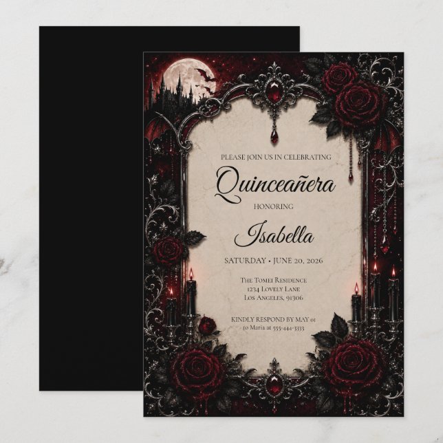 Lyxig Röd & Svart Quinceañera Inbjudningar (Fram/baksida)
