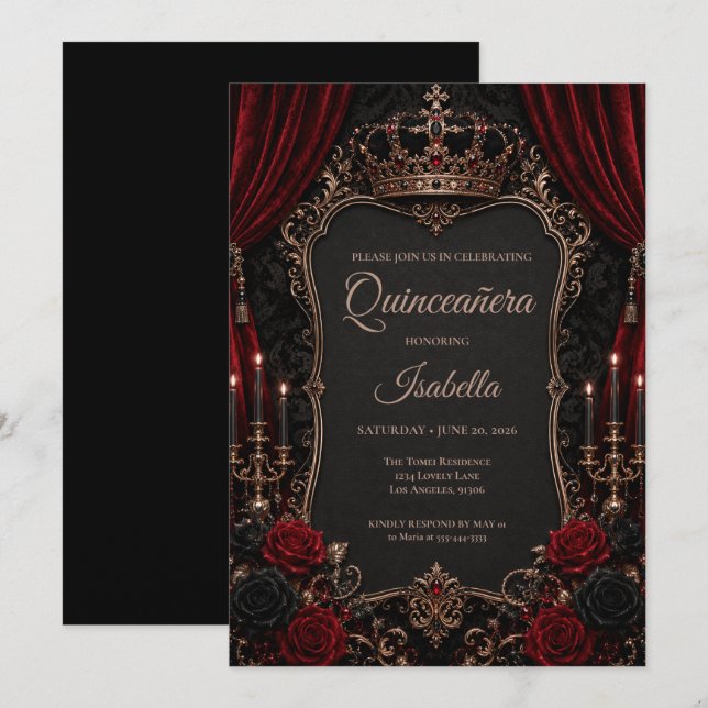 Lyxig Röd & Svart Quinceañera Inbjudningar (Fram/baksida)