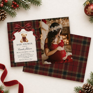 Lyxig röd tartan nallebabyshower-fotografi inbjudningar