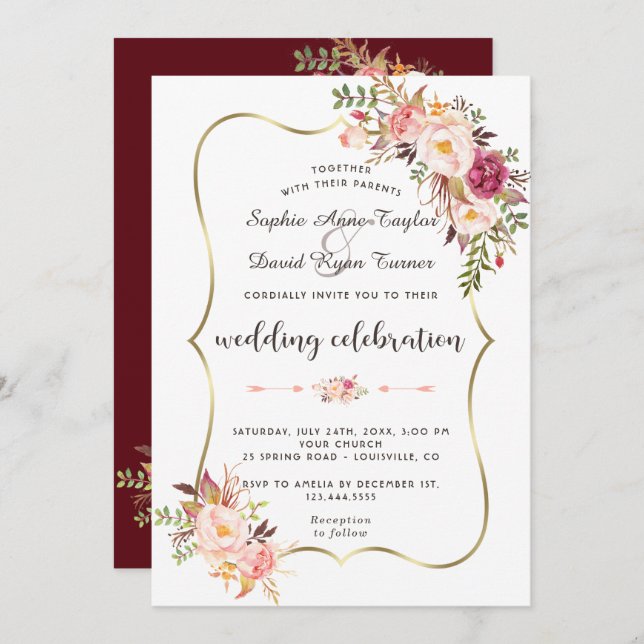 Lyxig Rosa Blommig Burgunderröd Bröllop i Guld Inbjudningar (Fram/baksida)