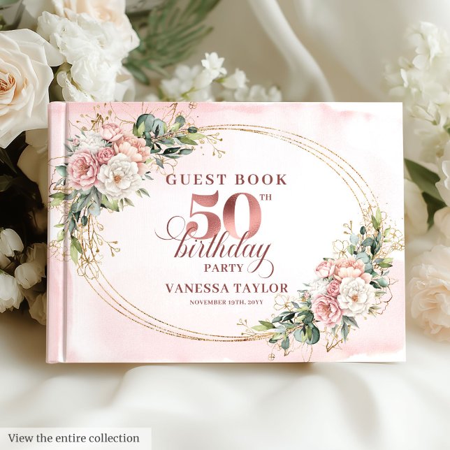 Lyxig Rosa Blommig Grönska 50-års Gästbok (Luxurious Blush Floral Greenery 50th Guest Book)
