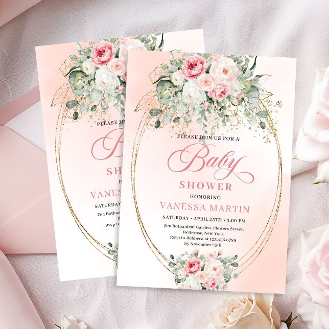 Lyxig Rosa Blommig Guld Bebis Shower Inbjudan (Luxury Blush Floral Gold Baby Shower Invitation)