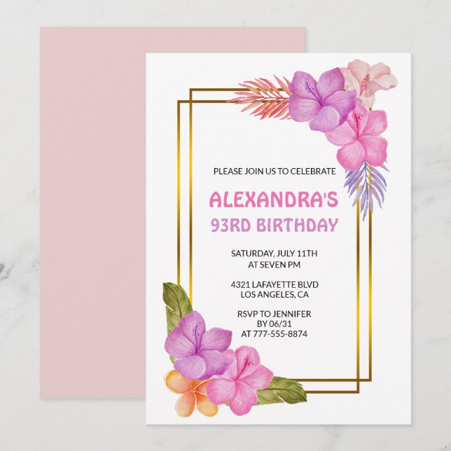 Lyxig Rosa Blommig Tropisk 93-årsdag Inbjudningar (Fram/baksida)