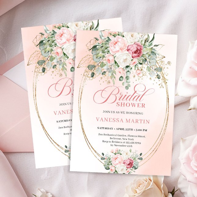 Lyxig rosa bröllopsfest-inbjudan i guld inbjudningar (Luxury Blush Pink Bridal Shower Gold Invitation)