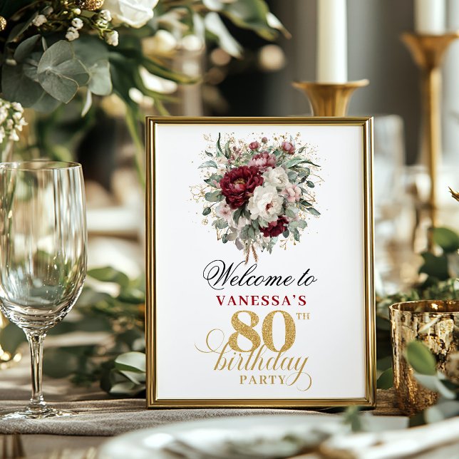 Lyxig Rosa Burgunder 80-års Födelsedags Välkomstsk Poster (Luxury Blush Burgundy 80th Birthday Welcome Sign)