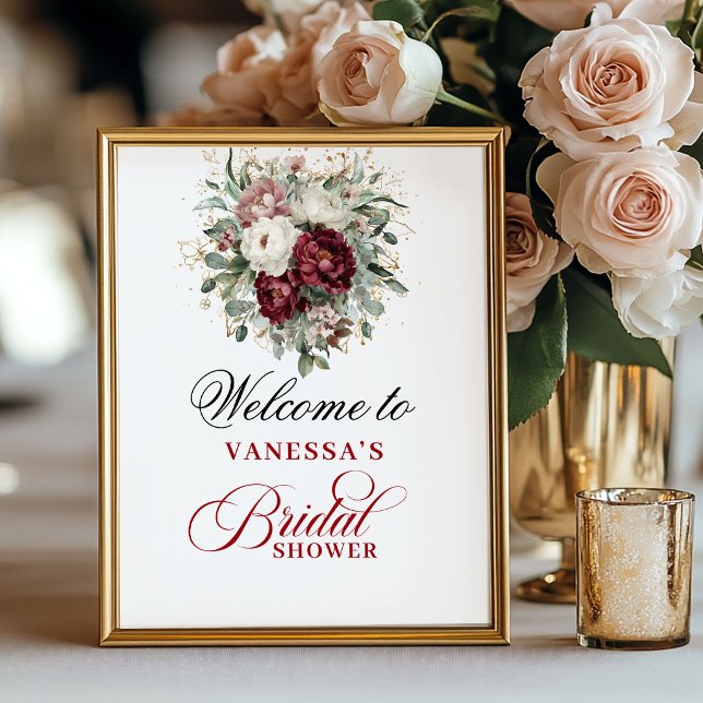 Lyxig Rosa Burgunder Bröllopsfest Välkomstskylt Poster (Opulent Blush Burgundy Bridal Shower Welcome Poster)