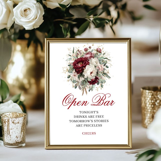 Lyxig Rosa Burgunder Öppen Bar Bröllopsaffisch Poster (Luxury Blush Burgundy Open Bar Wedding Poster)