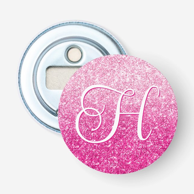 Lyxig rosa glittergradientmonogram flasköppnare (Framsidan)
