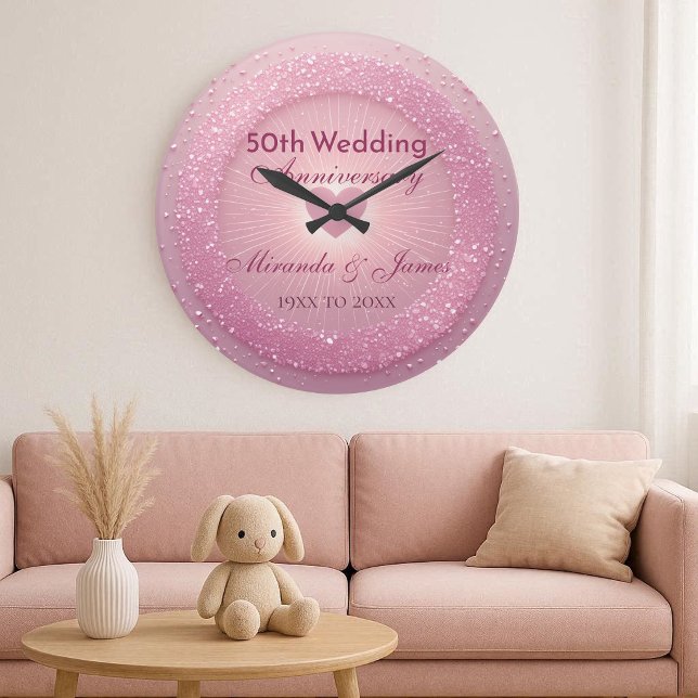 Lyxig Rosa Glitterhjärta 50-års Bröllopsjubileum Stor Klocka (Luxury Pink Glitter Heart 50th Wedding Anniversary Large Clock)