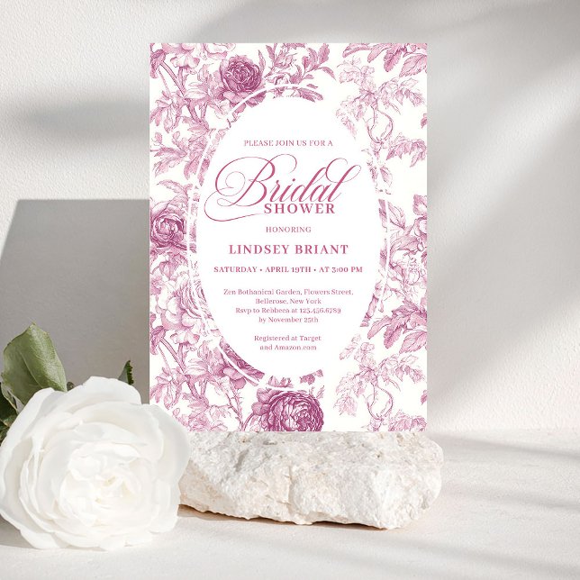 Lyxig Rosa Guld Blommig Toile Bröllopsfestinbjudan Inbjudningar (Luxury Rose Gold Floral Toile Bridal Shower Invitation)