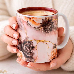 Lyxig rosa & guld marmor kaffemugg – svart ros