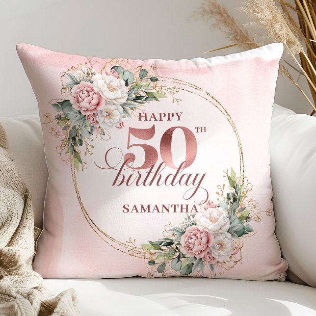 Lyxig Rosa Guld Rodnad 50-årsdag Kudd Gift Kudde (Luxury Rose Gold Blush 50th Birthday Pillow Gift)