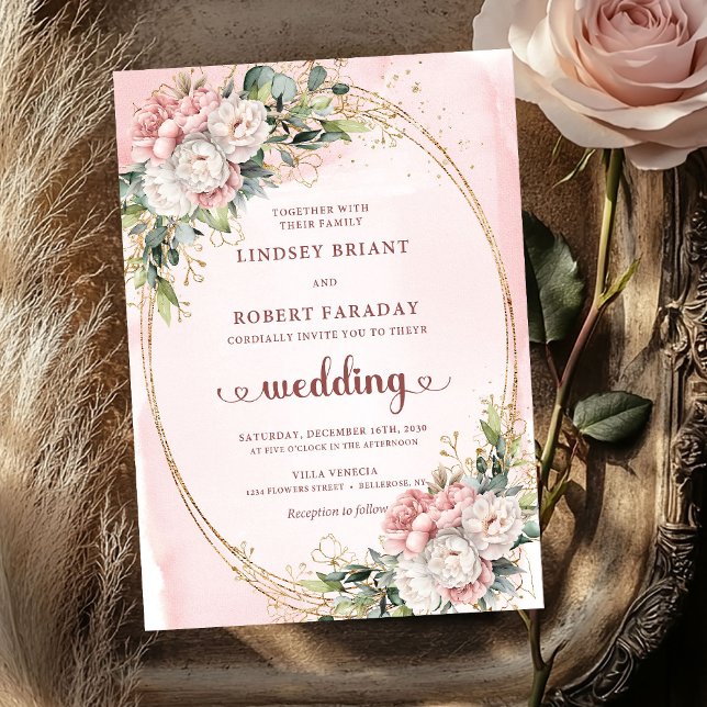 Lyxig Rosa Guld Ros Blush Bröllopsinbjudan Inbjudningar (Luxury Rose Gold Blush Floral Wedding Invitation)
