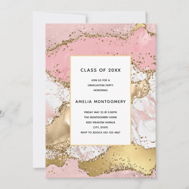 Lyxig Rosa Guld Rosa Marmor Design Examen Inbjudningar (Framsida)