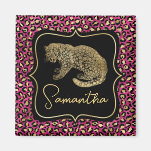 Lyxig Rosa Leopentryck Guld Djur Monogram Magnet