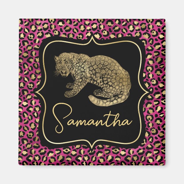 Lyxig Rosa Leopentryck Guld Djur Monogram Magnet (Framsidan)