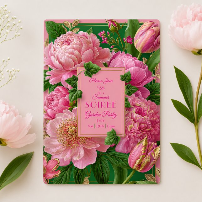 Lyxig Rosa och Grön Blommig Trädgårdsfest Inbjudningar (Beautiful Pink and Green Floral Summer Soiree Party Invitation )